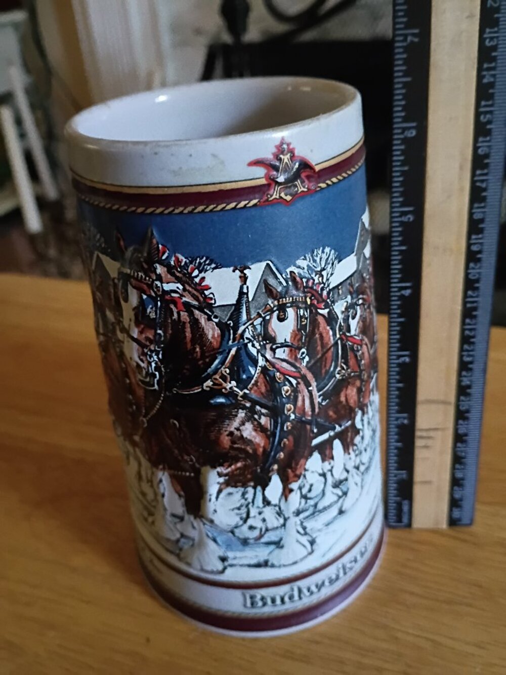 Vintage 1989 Budweiser Holiday Beer Stein Clydesdales Winter Evening Ceramarte B